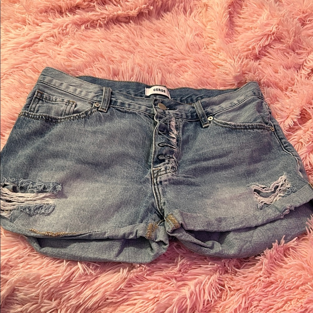 CEROS Women's Ripped Denim Shorts - Light Blue